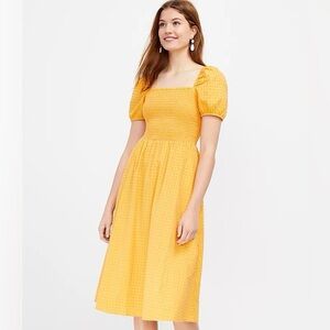 Festive Yellow and Pink Clip Smocked Puff Sleeve Pocket Midi Dress